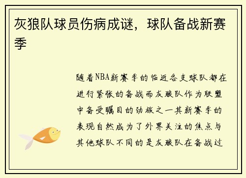 灰狼队球员伤病成谜，球队备战新赛季